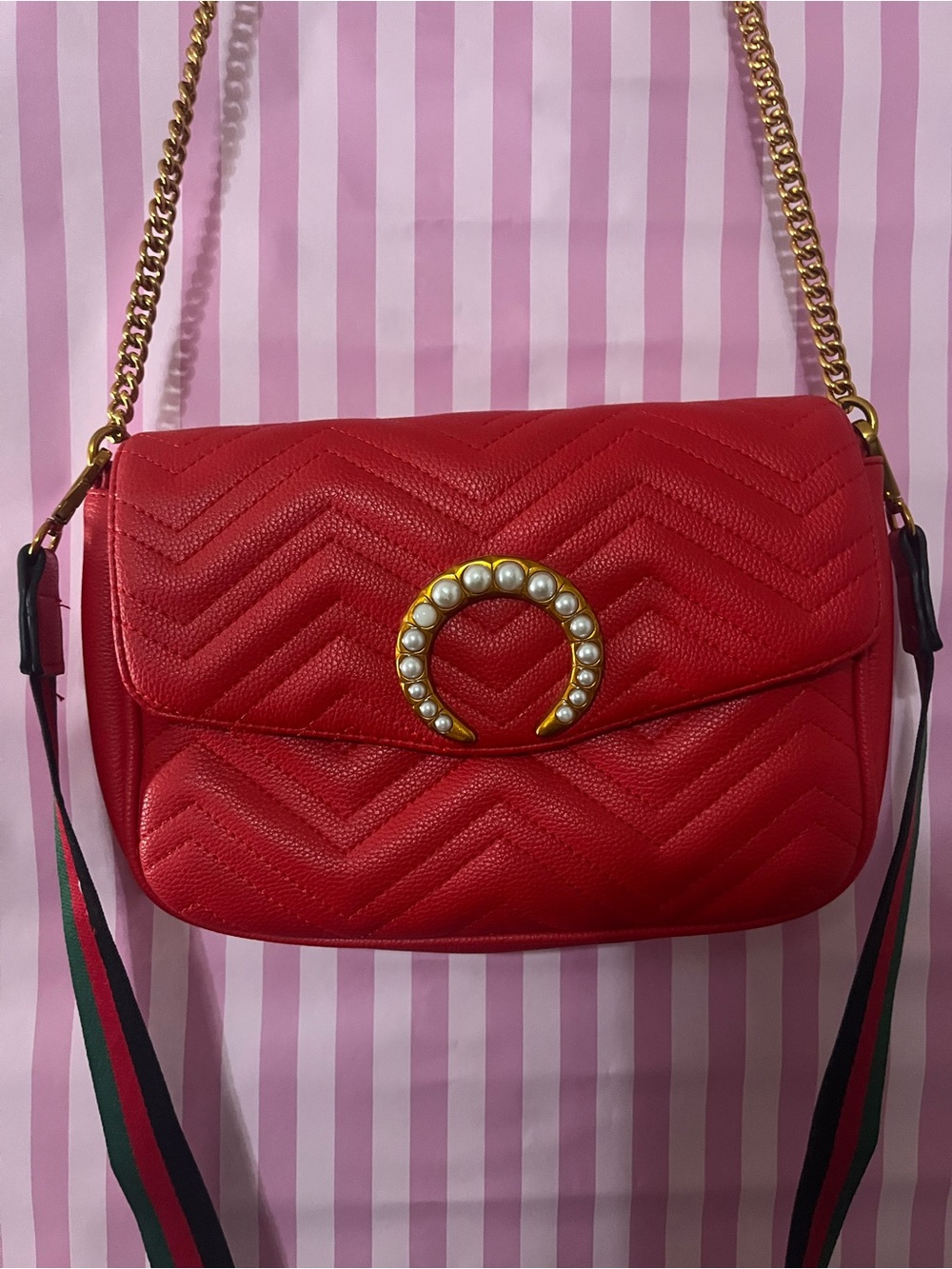 Red Quilted Shoulder Bag with Pearl Ring Accent